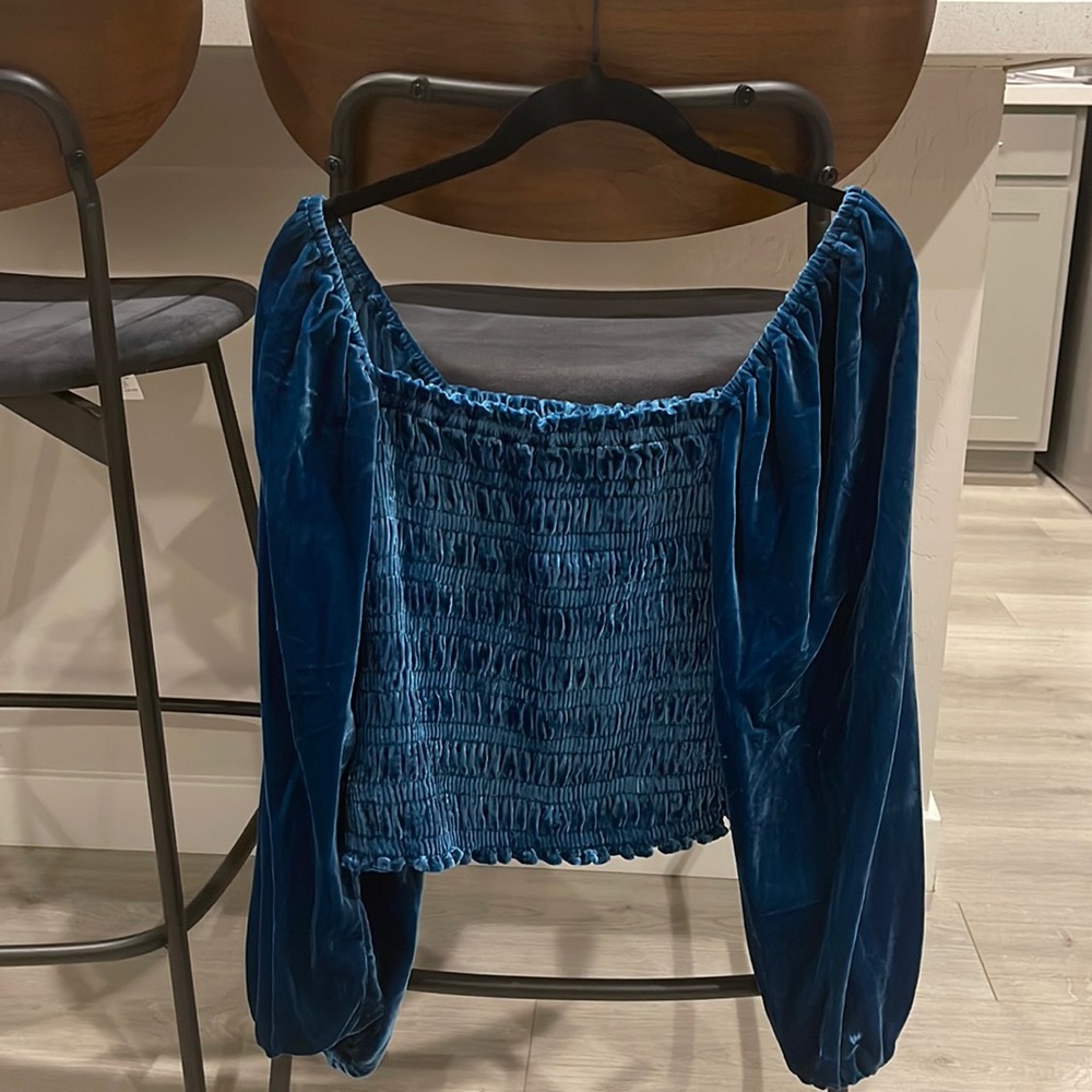 Anthropologie blue velvet off the shoulder top